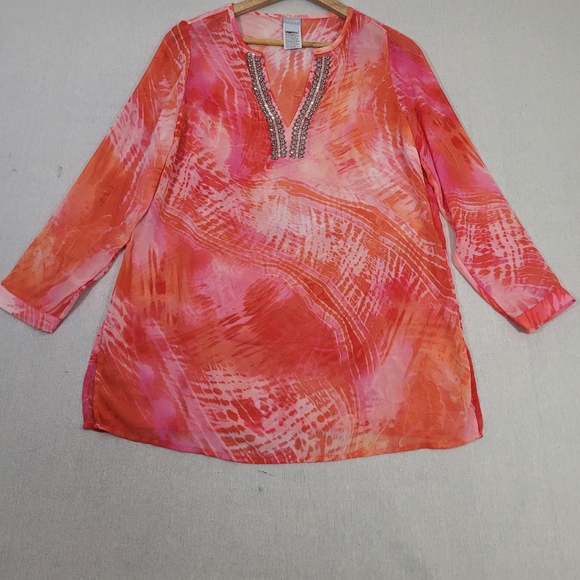 Chicos 1 Womens Size Medium Pink Beaded Tie Dye Tunic Lightweight Sheer Boho - Picture 3 of 15
